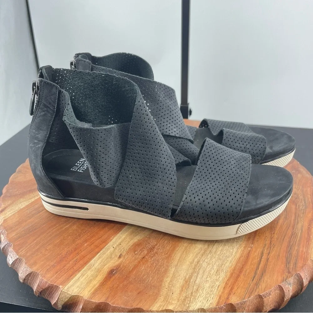 Eileen Fisher Sport Platform Perforated Sandals gray black Sz‎ 7